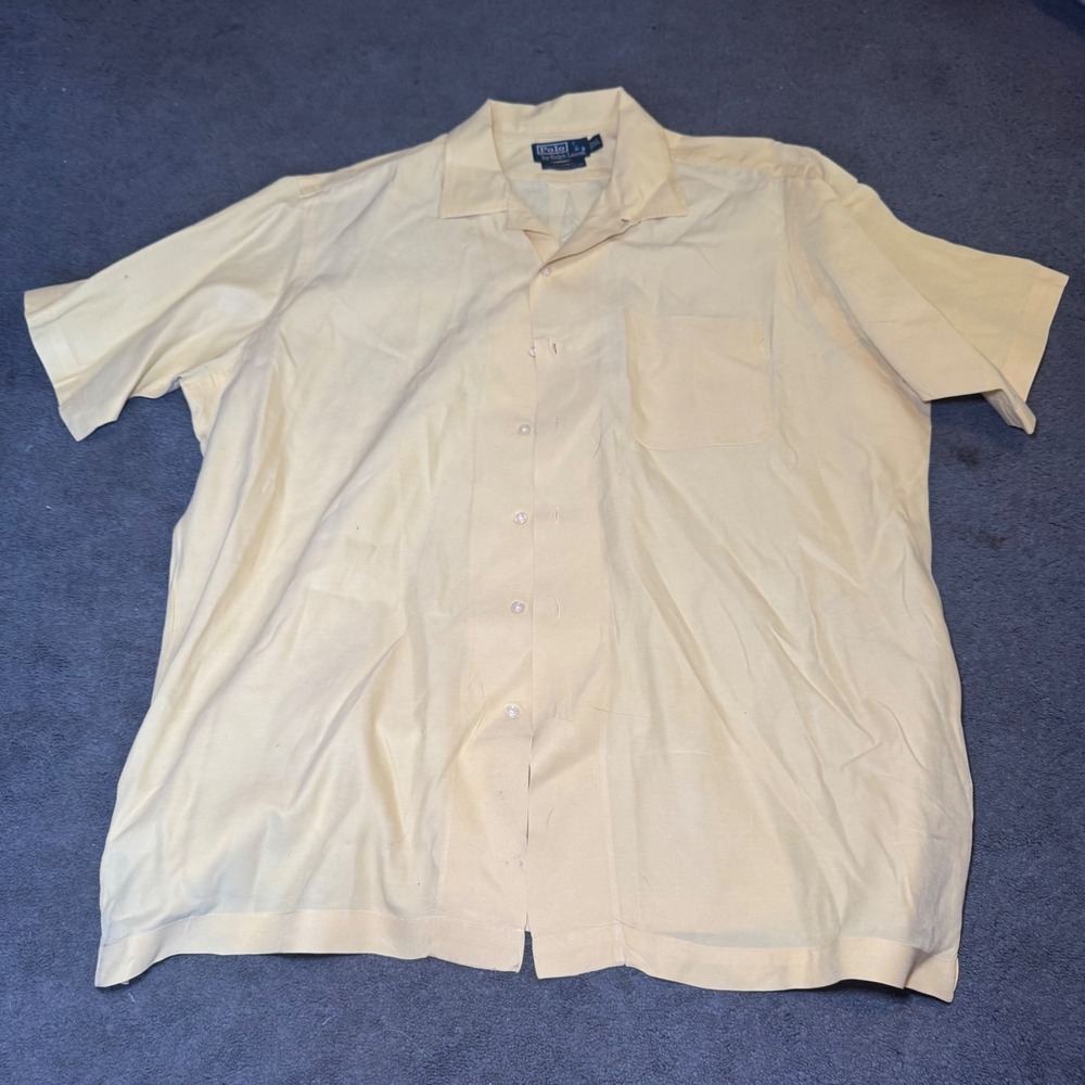 Polo Ralph Lauren Caldwell Shirt Mens XL Yellow Silk Cotton Blend Camp Collar